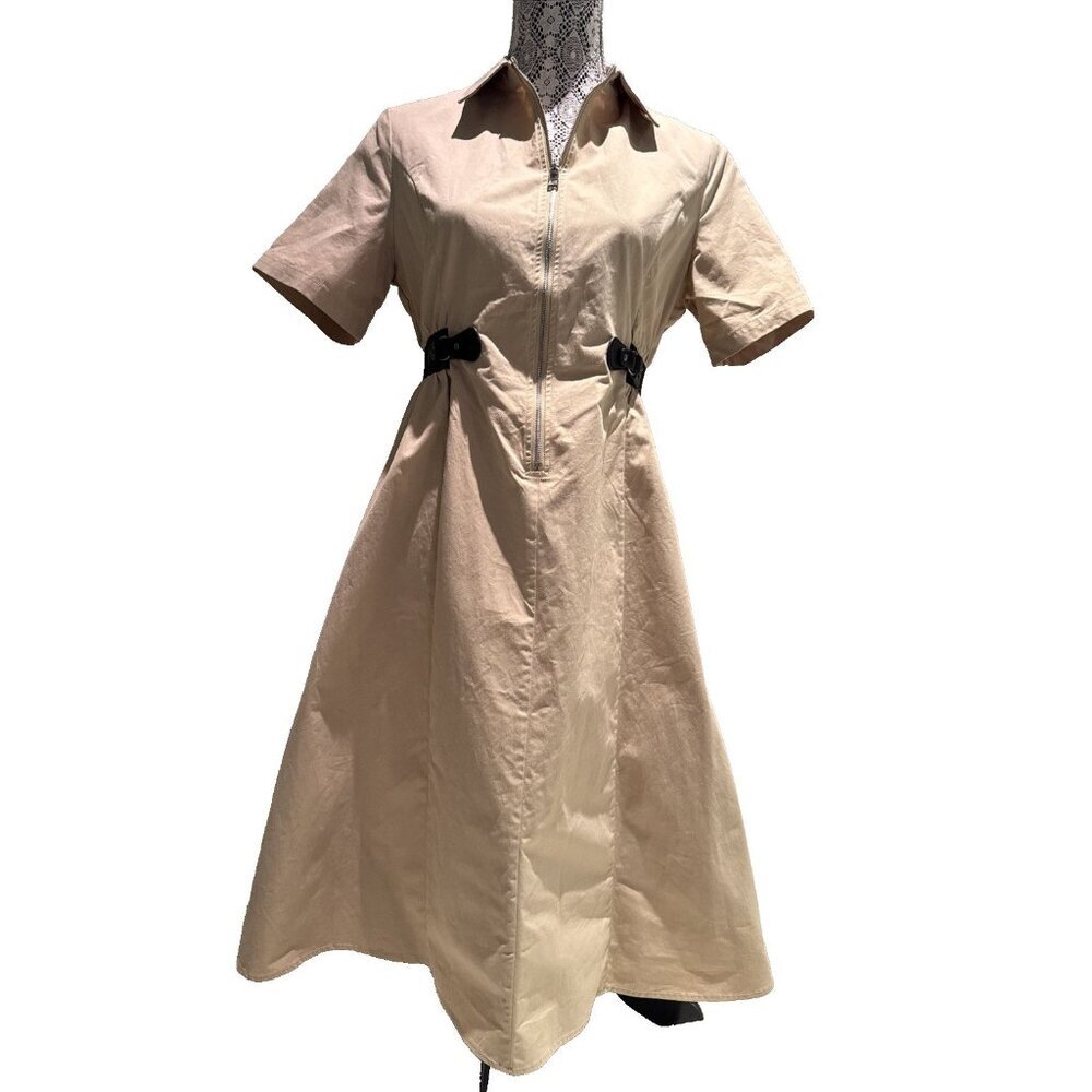 Mirra Masa safari Dress, Beige, Faux leather accent, zip front 100% cotton